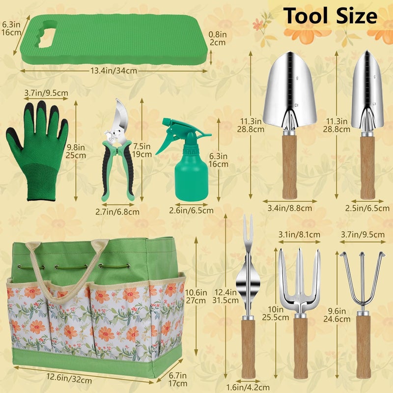 LeMotech Gardening Tools, 10-Piece Heavy Duty Garden Hand Tools Set with Wooden Handle, Durable Fashion Organizer Bag for Garden Supplies, Gardening Gifts for Women Grandmother, Yellow Floral Pattern - Image 4